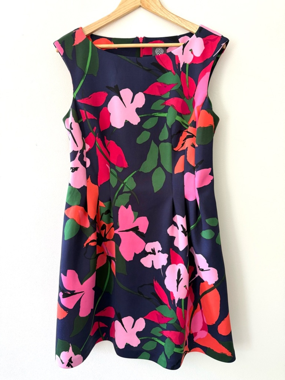 Vince Camuto Floral Scuba Fit & Flare Dress Navy Pink Sleeveless with Pockets 14
